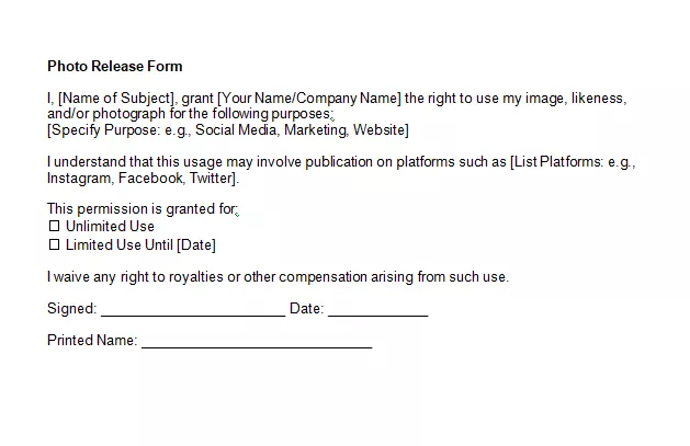 social media photo release form sample